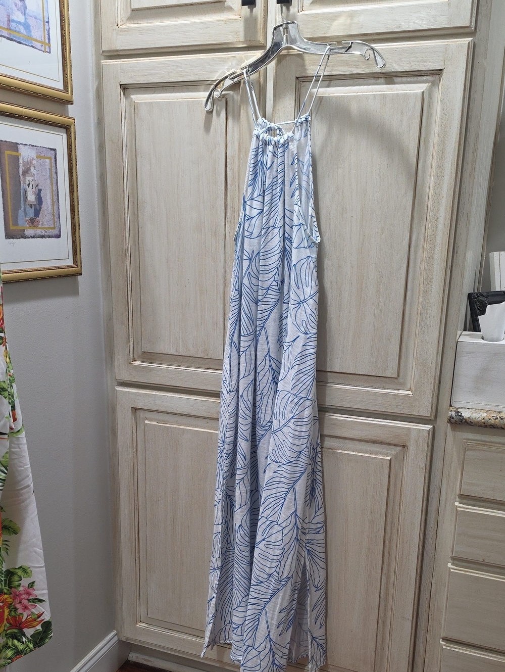 blue island White and Blue Leaf-Print Dress